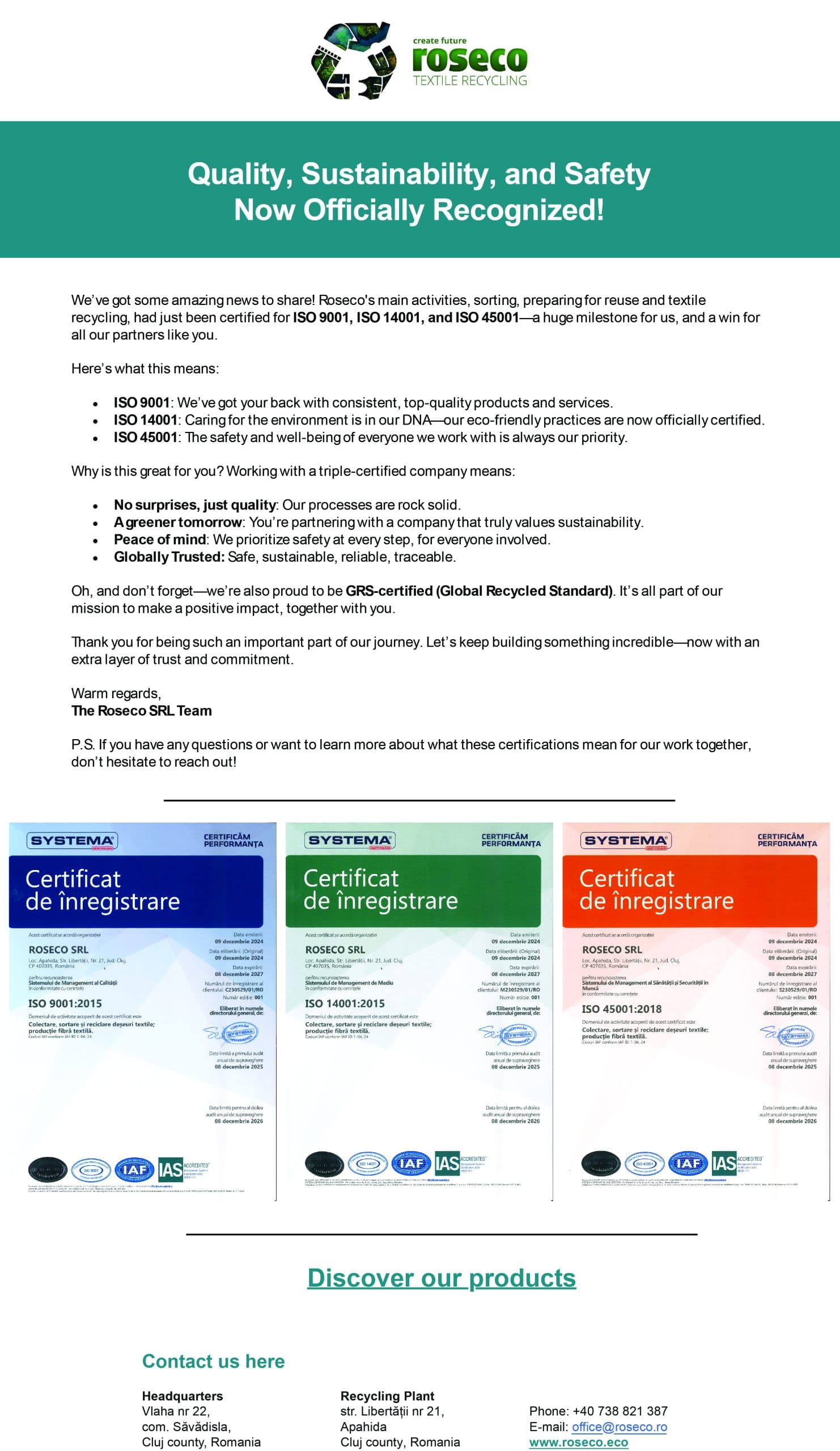 Quality, Sustainability, and Safety Now Officially Recognized